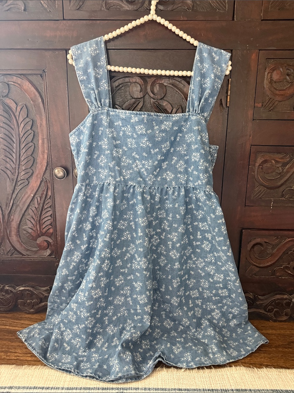 Blue Floral Mini Sundress with Square Neck
